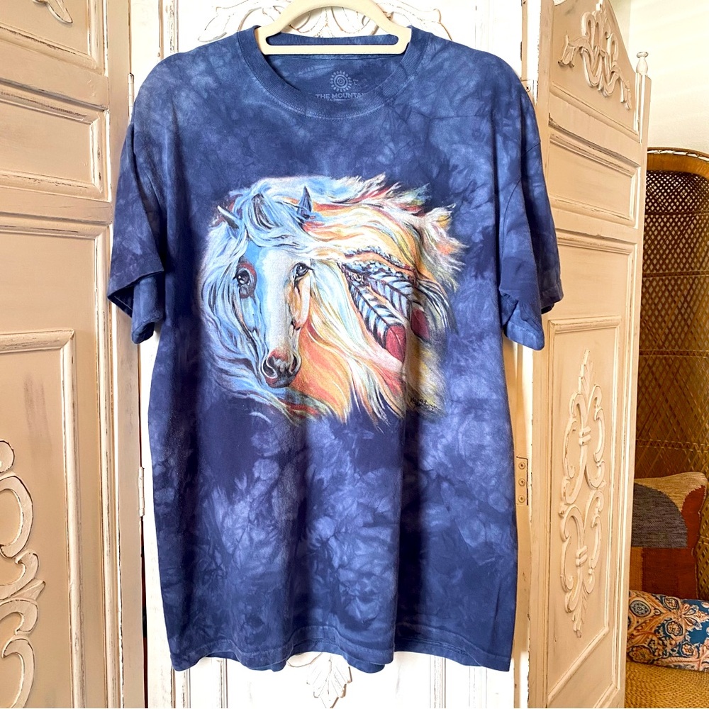 The Mountain Horse Feather Mane Blue Tie Dye T-Shirt L Marcia Baldwin